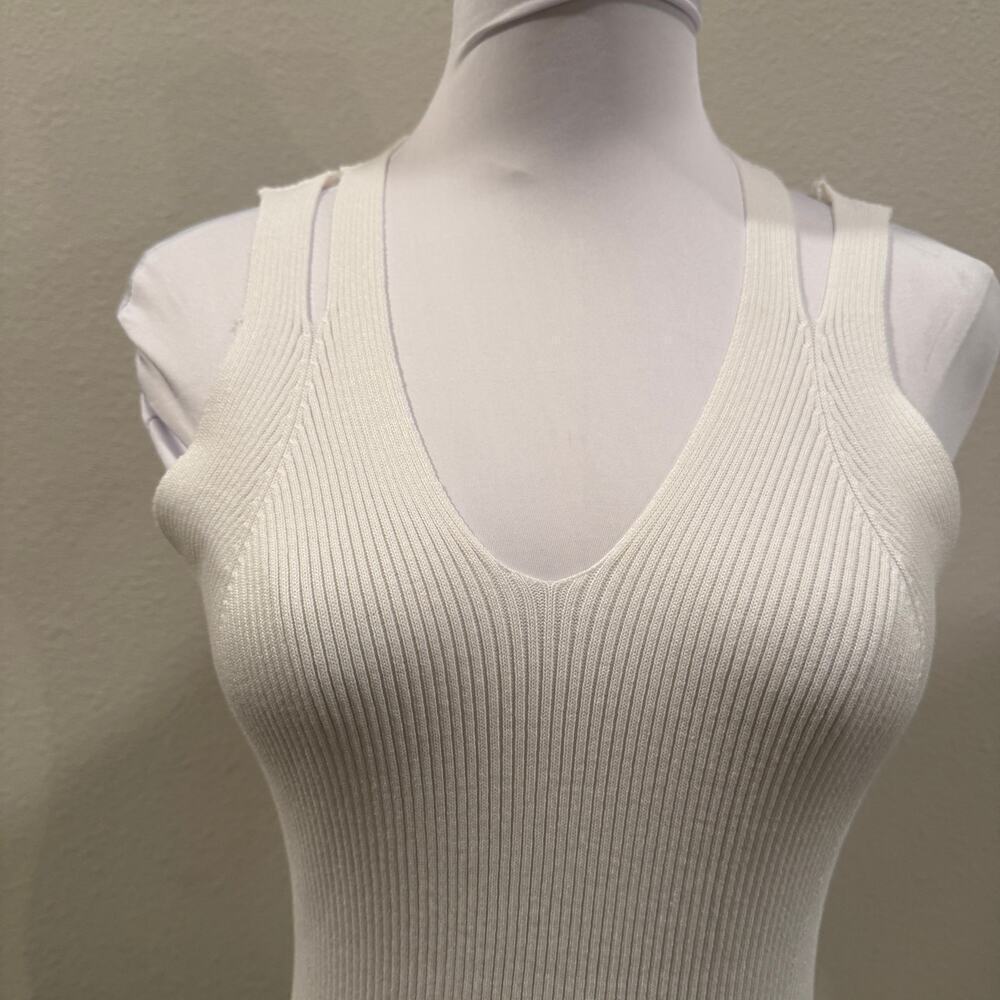 White Ivory Ribbed Knit Longline Cardigan & Midi Dress Set Minimal Chic Small - Picture 6 of 10